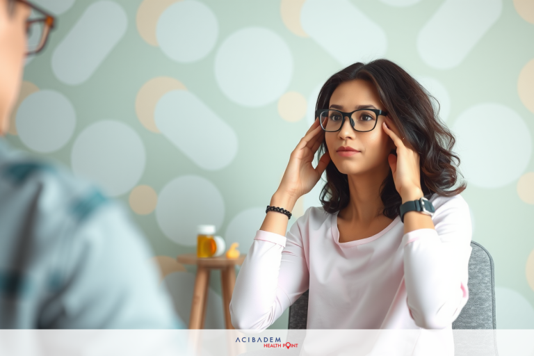 Will Dry Eye Go Away After LASIK? Woman in a pink top, sitting down and using her hand to press on her forehead. The man opposite is wearing glasses. They are in an office environment with a geometric patterned wall.