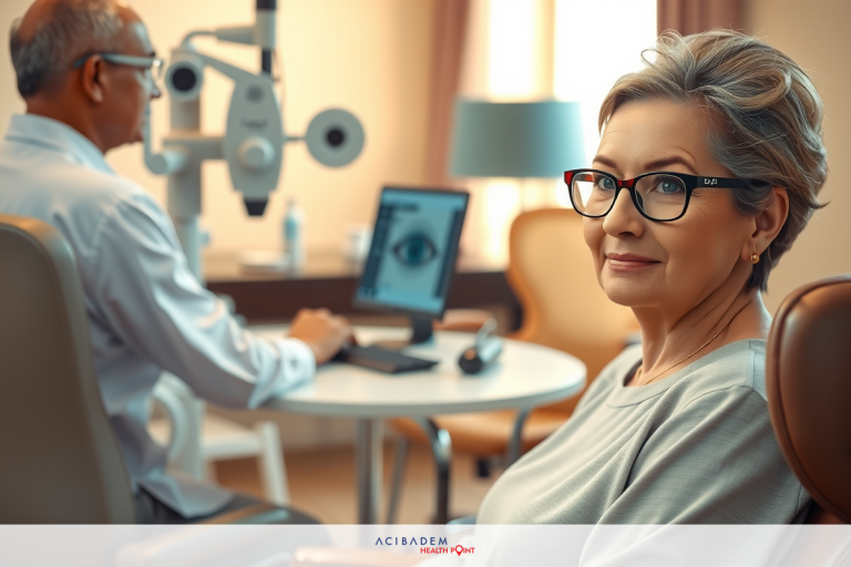 Is Everyone a Candidate for LASIK Eye Surgery? The image depicts a medical consultation room. An older woman, possibly in her 70s or 80s, is seated on the right side of the frame. She has glasses and appears to be engaged in conversation with a male healthcare professional. The man stands behind her and interacts with what looks like a computer interface.