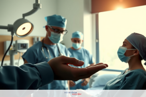 The image depicts a medical team in a hospital setting. A doctor is holding out their hand to examine a patient lying on the bed, while two other doctors watch and possibly assist.