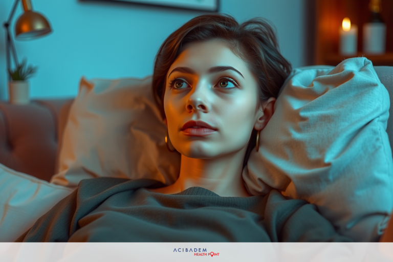 A woman in a dimly lit room, lying down on pillows and looking contemplative. Her hair is short and neatly styled. She wears a comfortable, casual outfit with earthy colors that blend with the room's ambiance.