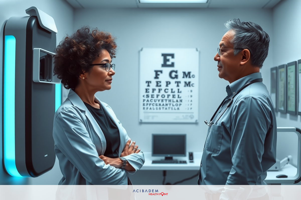 Two individuals in a medical office setting, one with glasses, engaged in a conversation. The environment is professional with medical equipments visible.