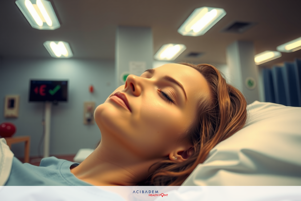 Woman lying in hospital bed, looking at the ceiling. Medical setting with clinical white walls and equipment.