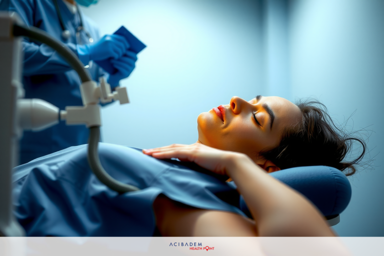 A woman lying on a surgical table, with medical professionals attending to her. The environment appears to be in a hospital or medical facility, and the colors are predominantly blue and white.