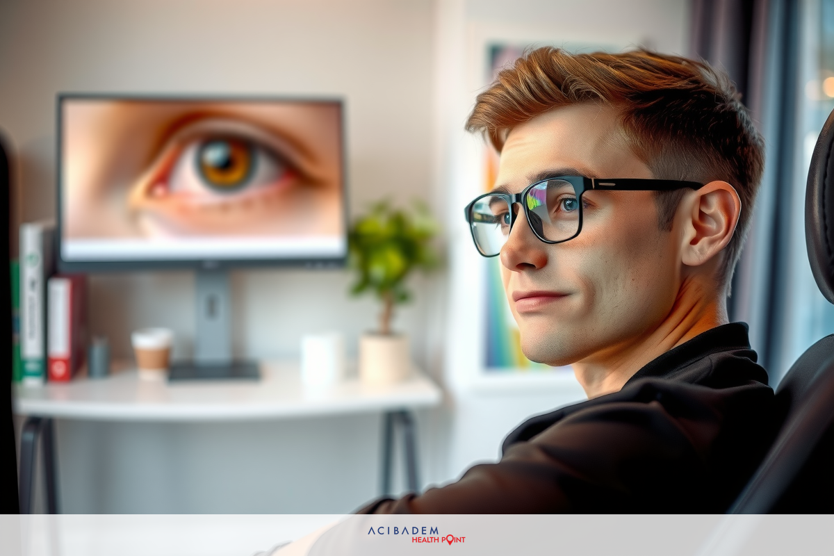 A man is sitting at a desk in an office environment, wearing glasses and looking attentively towards the camera. He has short hair and appears to be engaged with his work on a computer monitor that displays a human eye or iris scan. The room has a modern design with a white table and a plant on it.