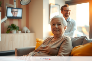The image depicts an older woman sitting in a waiting room and smiling. The setting includes comfortable seating and a television in the background.