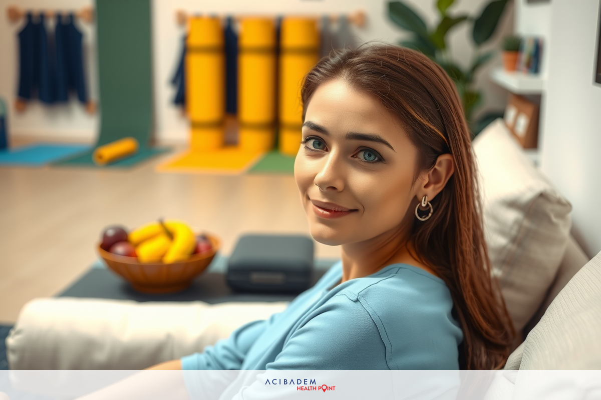 The image features a young woman sitting on a couch. She is looking directly at the camera with a gentle smile, her posture relaxed and comfortable. Behind her is a bowl filled with fresh fruit.