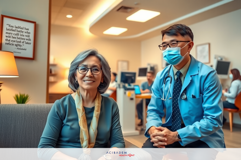 In the image, there are two people in what appears to be a medical consultation setting. The person on the left is presumably the patient, the person on the right is a doctor wearing a mask, and both are wearing glasses. They both seem to be engaged in a conversation or examination. There's a couch and a chair visible in the background, suggesting a comfortable and welcoming environment. The room is well-lit, indicating an indoor location.