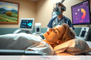 The image shows a hospital setting where a woman is lying on a stretcher, possibly in an intensive care unit given the presence of medical equipment. She appears to be resting or being monitored by healthcare professionals who are standing beside her.