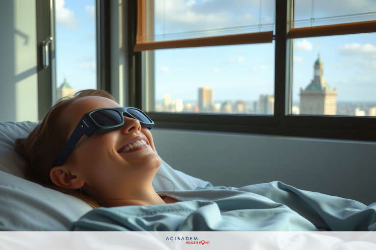 Smiling woman with sunglasses lying in hospital bed, looking towards camera. Sunlight streaming through window behind her.