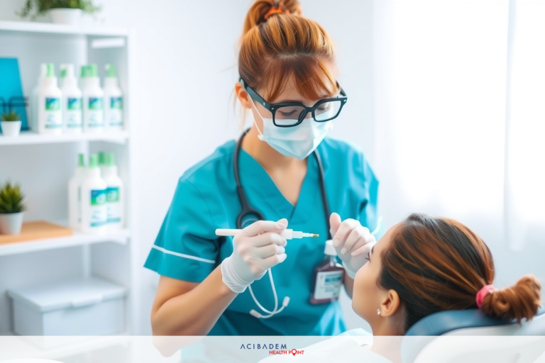 Pictured is an ophthalmologist at work. Wearing a white coat and face mask, the physician is seated in front of a patient, holding his hands close to the patient's eyes, presumably examining or treating their eyes. Both individuals are indoors, likely in an ophthalmologist's office setting. Various eye lotions and supplies can be seen on shelves behind them, suggesting a well-equipped professional environment.