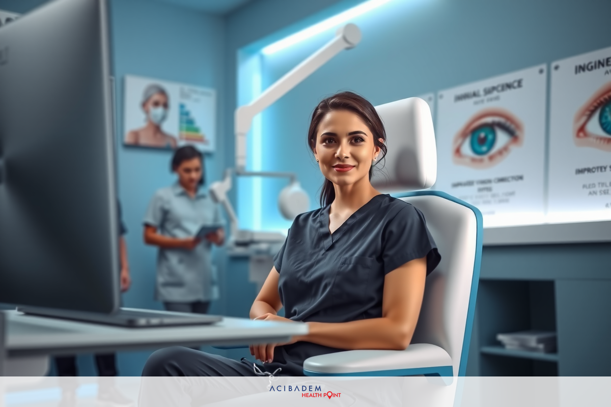 The image features a medical setting with a woman dressed in hospital attire. She is sitting at a desk, looking at a computer monitor displaying a pair of eyes that are part of an ophthalmic examination system.