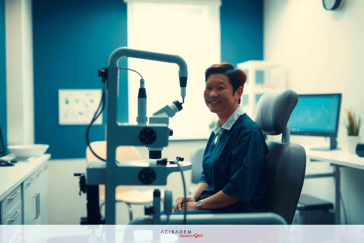 The image shows a professional setting, likely an optometrist's office. At the center of the frame, there is a person wearing a white lab coat and sitting behind an eye examination machine with adjustable headrest. The individual appears to be ready to perform an eye examination on a patient who is not visible in the image. To the left of the person stands a chair that looks like it could accommodate another patient or staff member. On the wall, there is a clock indicating the time. The environment suggests a clinical and clean atmosphere.