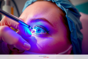 A woman is in a medical setting. She is seated and a professional is performing an eye exam on her left eye. The light source used for the exam is purple, highlighting the condition of the eye.