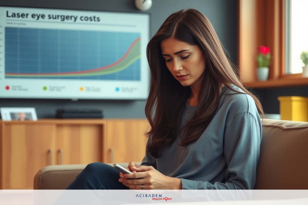How Much Is for Laser Eye Surgery A woman sitting on a couch, engaged with her phone. She is dressed in a gray top and blue jeans. In the background, there is a large-screen TV displaying graphs that suggest a discussion related to laser eye surgery costs.