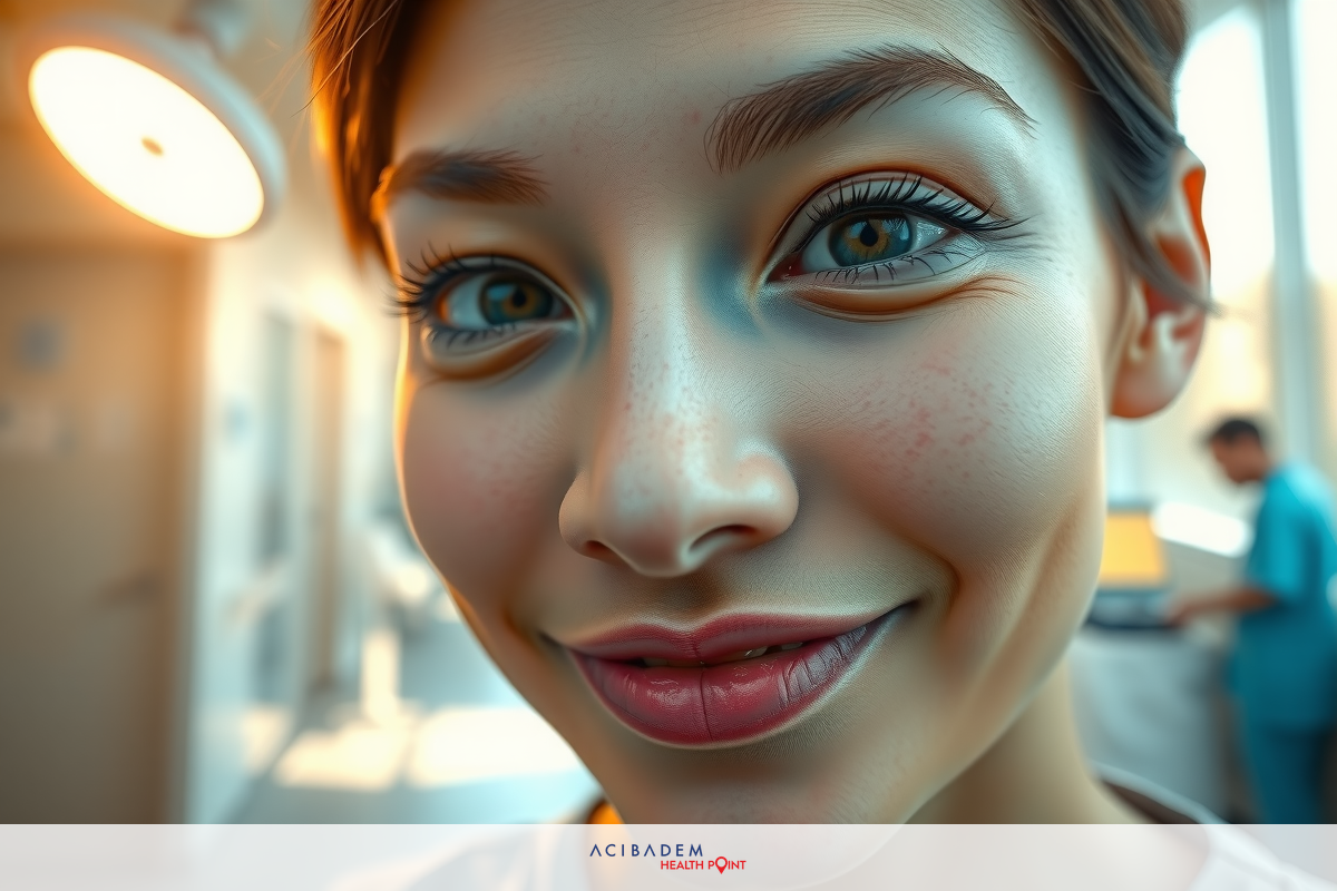 Close-up photo of a smiling woman with blond hair in a medical office, wearing makeup with vivid red lips and striking blue eyes.