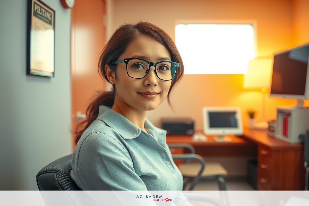 Woman in glasses smiling at computer, office environment with desk and equipment visible. Professional attire suggests a business or work context.
