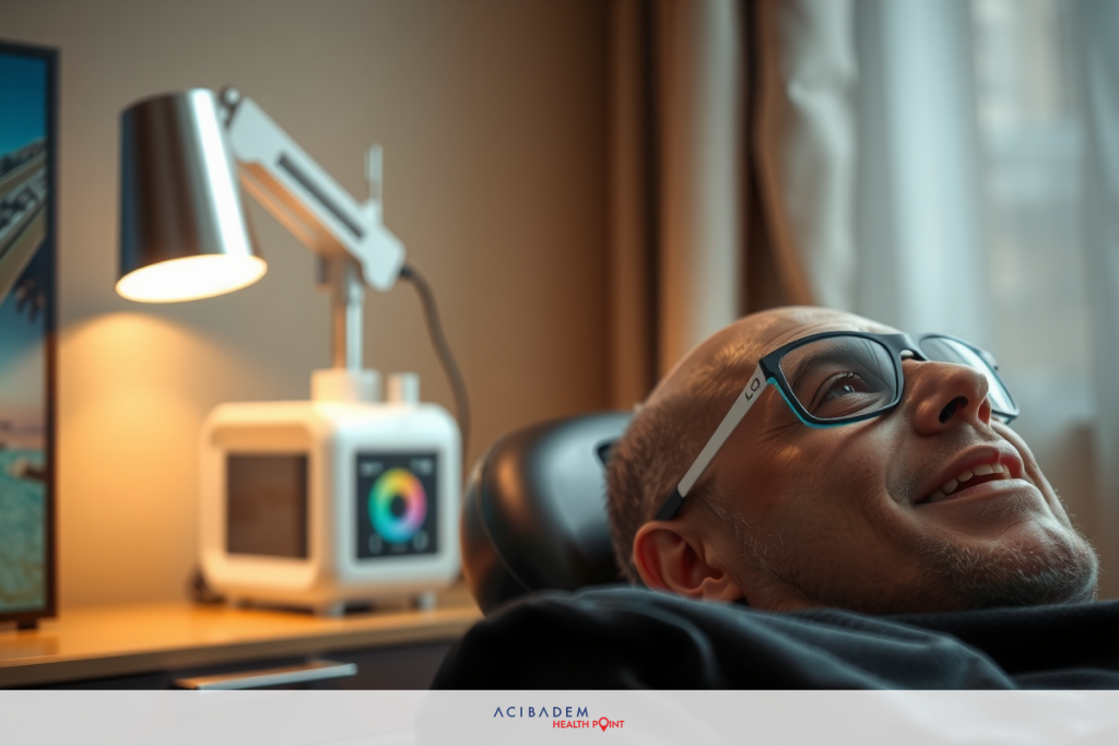 Can Laser Eye Surgery Treat Astigmatism? The image shows a person in a modern, well-lit room. The individual is seated on what appears to be a medical examination table. They are wearing glasses and appear to be smiling at the camera.
