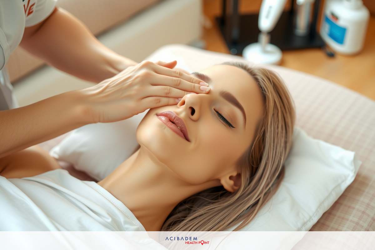The image shows a person receiving facial treatments in a spa setting. The practitioner is using their hands to apply a serum or cream to the client's face, focusing on the eye nose.