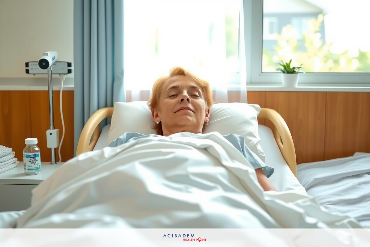 An image of a person lying in a hospital bed. The individual is relaxed and appears to be smiling or content. The room has a window with daylight coming through, suggesting it's daytime.