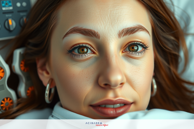 Is Rhinoplasty Noticeable? Close-up of a young woman lying on a hospital bed with medical equipment, focusing on her expression and the equipment. She has an engaged look while looking at the camera.