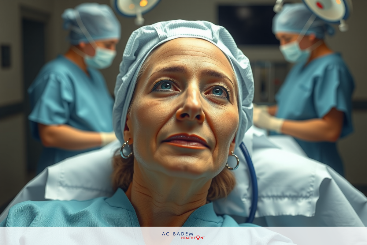 Medical scene with surgeons in blue scrubs performing a procedure on a patient. One of the doctors is wearing a surgical mask and has short hair.