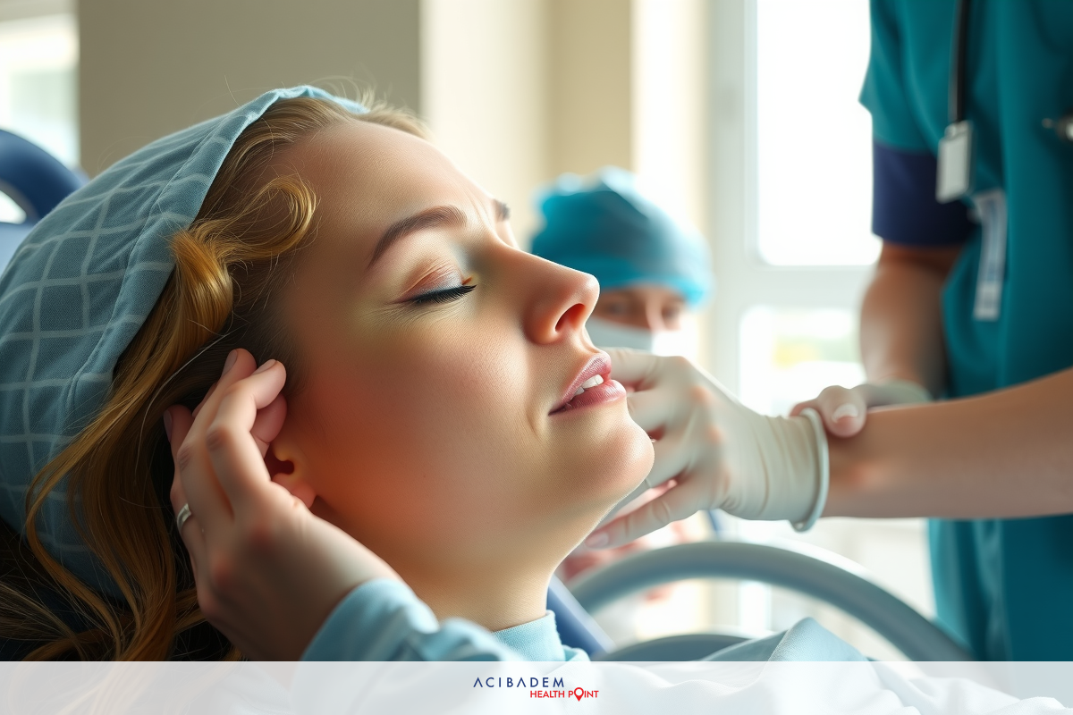 Medical professionals are attending to a patient in a hospital setting. The woman has medical headgear and is being examined by the doctor, who is wearing surgical scrubs. A nurse stands nearby, watching the proceedings.