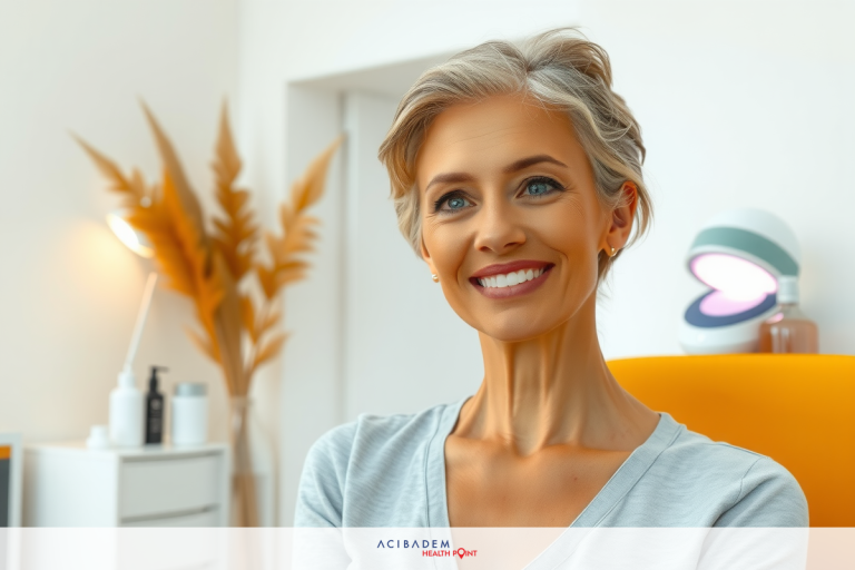 The image shows a woman seated indoors, with a warm and inviting expression. She is wearing a light-colored top. Behind her is a home office setup with minimalistic decor.