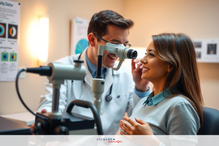An optician with a device looking at the eyes of a woman in an office setting. They are smiling, suggesting a friendly interaction.