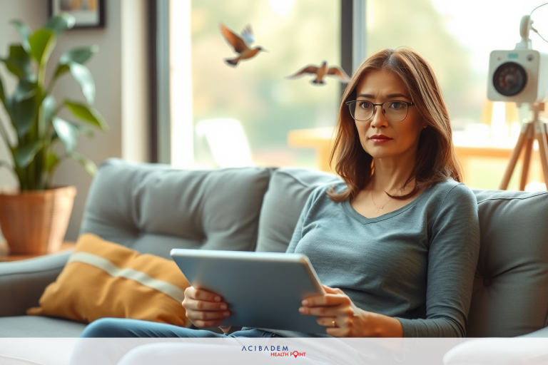 A woman sitting on a couch, holding a tablet computer, wearing glasses and a grey top. She appears to be in a modern living room with a potted plant and framed art on the wall.