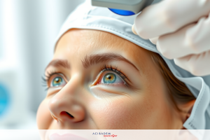 The image shows a woman sitting in what appears to be a medical or cosmetic treatment environment. She is wearing surgical goggles and has her eyes closed, suggesting that she may be undergoing a procedure such as an eye treatment.