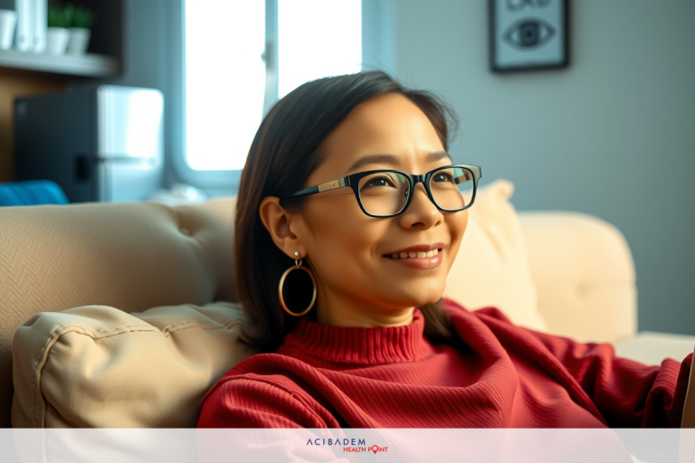 In the image, a woman is seated comfortably on a couch in what appears to be a home environment. She's wearing a pair of black glasses and a red sweater with gold hoop earrings.