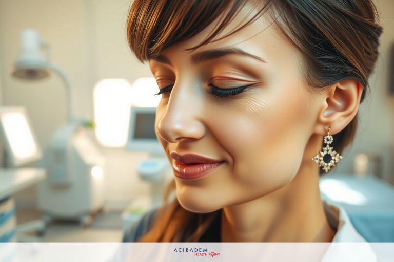 What Causes Asymmetric Swelling After Rhinoplasty? The image features a woman wearing a white lab coat, sitting at a computer terminal in what appears to be a medical office. She has her hair neatly pulled back and is looking down with a slight smile on her face.