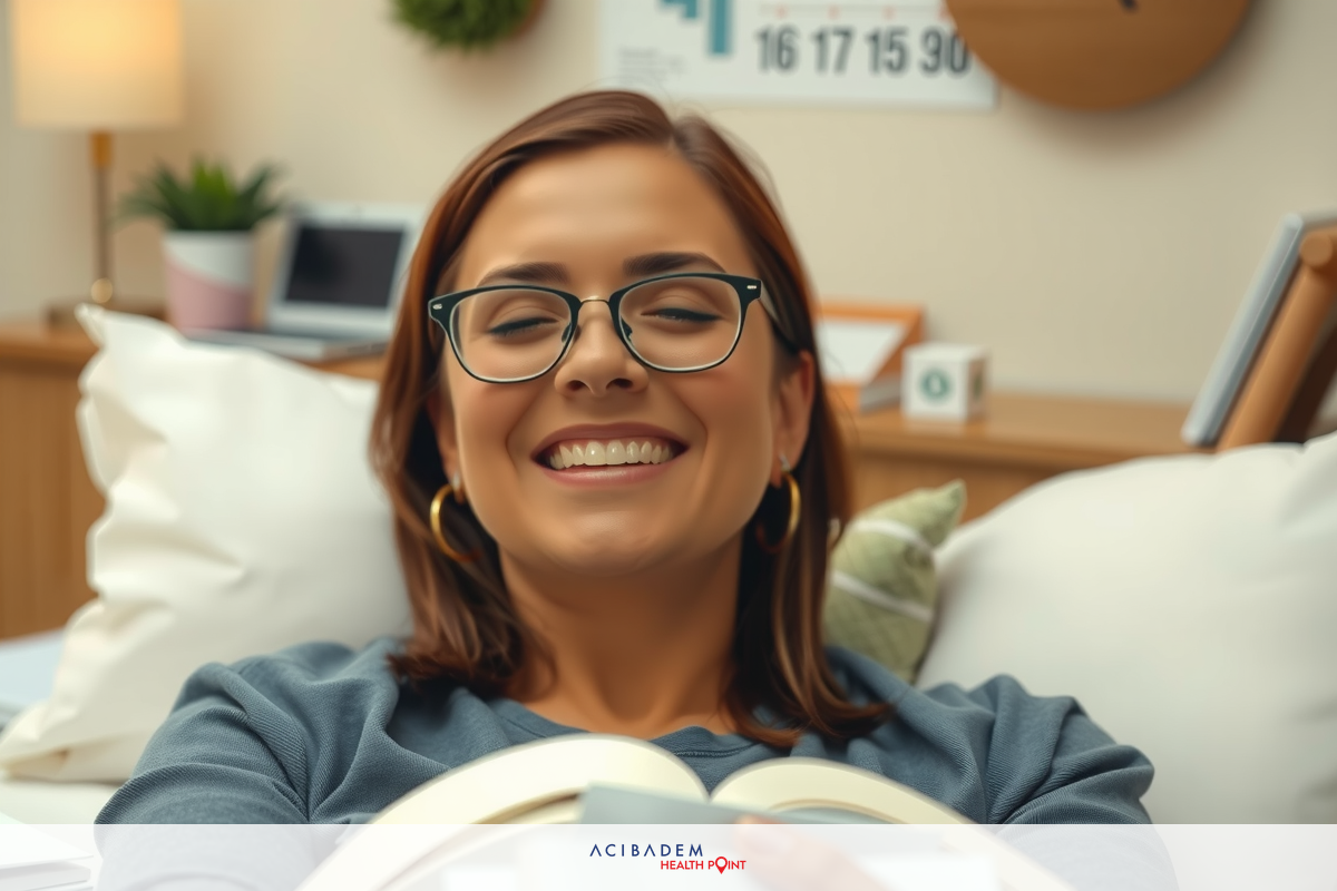 A woman is lying down in a comfortable setting, smiling as she reads a book. She has glasses on and appears to be enjoying her time relaxing with the book.