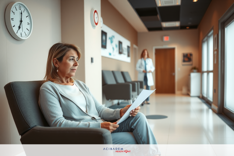 How Much for Otoplasty and Rhinoplasty at Same Time A woman sitting in a waiting room area, wearing business attire. She is reading a document or using her phone as she waits for an appointment.