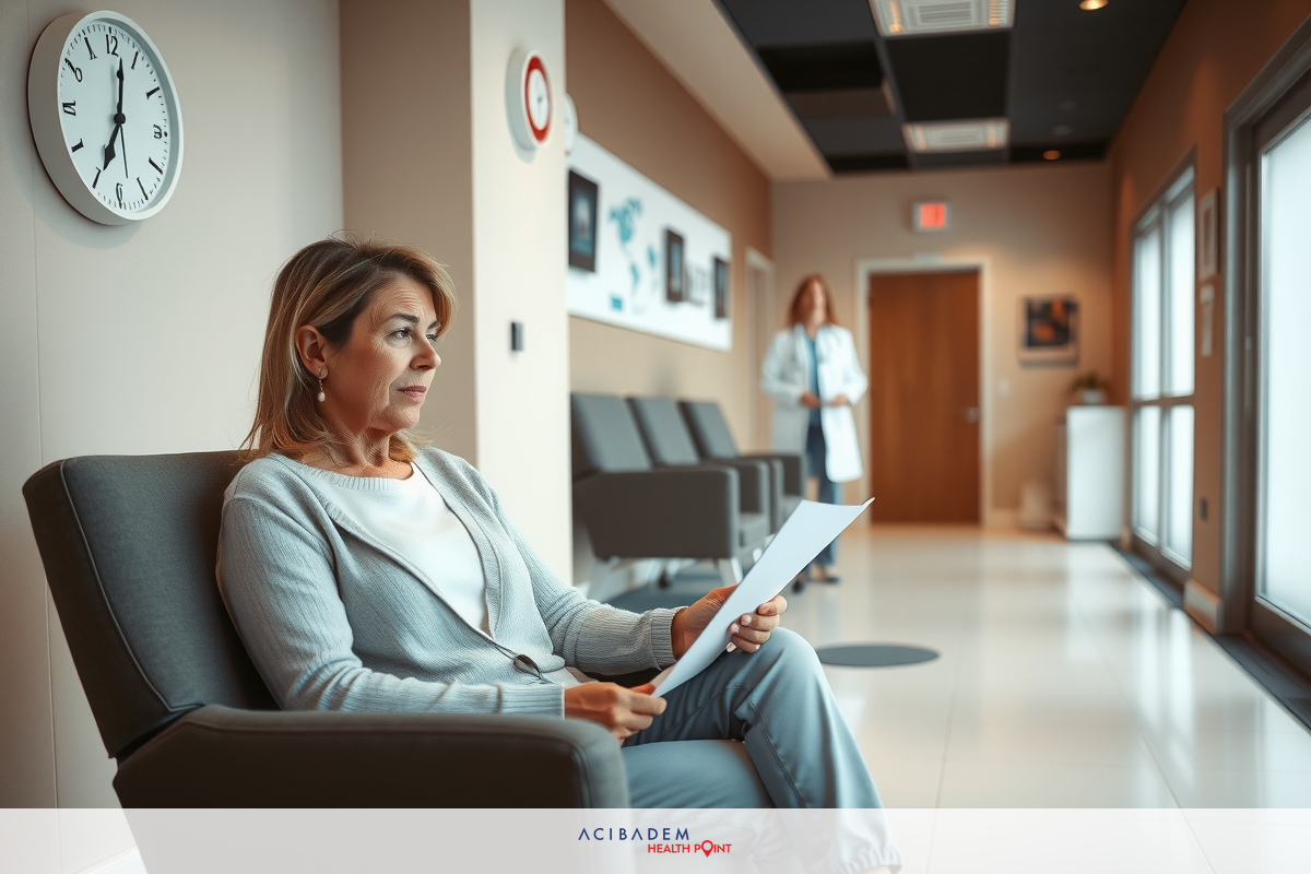 A woman sitting in a waiting room area, wearing business attire. She is reading a document or using her phone as she waits for an appointment.