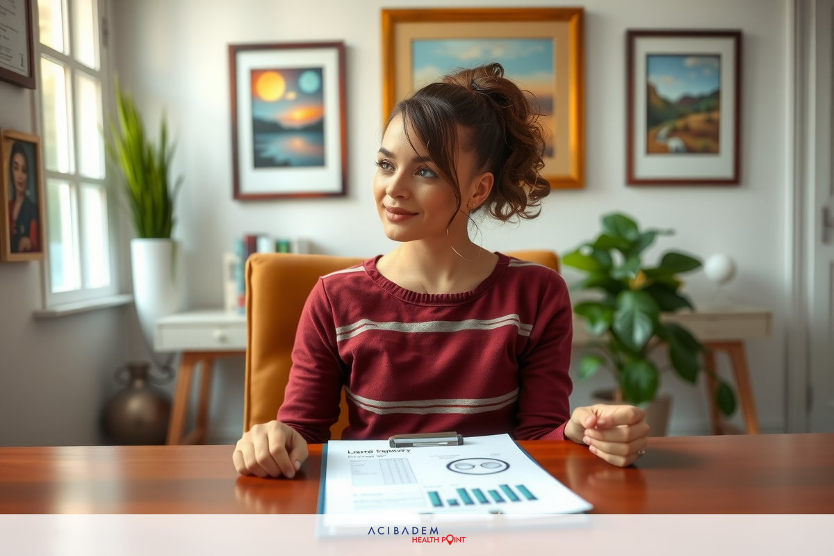 Woman sitting at desk in office environment with financial documents, smiling and pointing to data on graph.