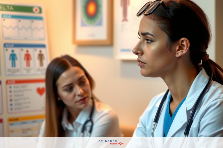 Who Can Have Laser Eye Surgery In a clinical setting, two women dressed as doctors are engaged in conversation. They both wear white coats indicative of their medical profession. The environment includes posters and diagrams related to healthcare, suggesting an educational or professional context.