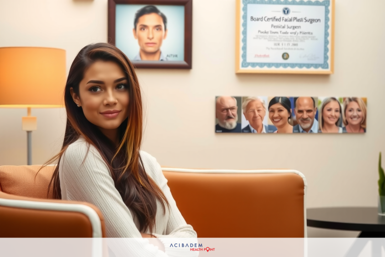 How to Find the Right Rhinoplasty Surgeon A woman seated on a couch in an office setting, looking at the camera with a slight smile. The office is brightly lit and features framed certificates or diplomas on the wall to her right.