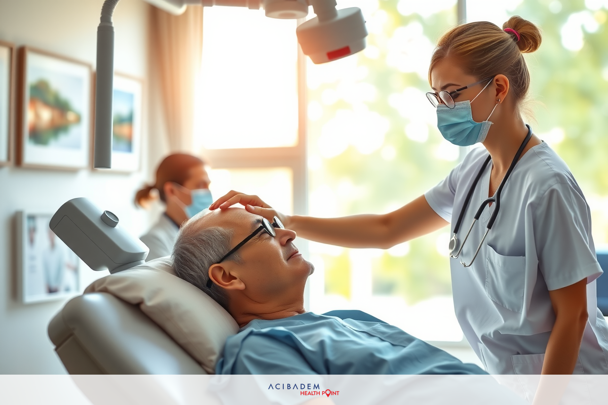In a well-lit medical office, a doctor wearing surgical attire is assisting an older patient. The environment is professional with visible medical equipment including a examination chair and a cabinet with various medical instruments.
