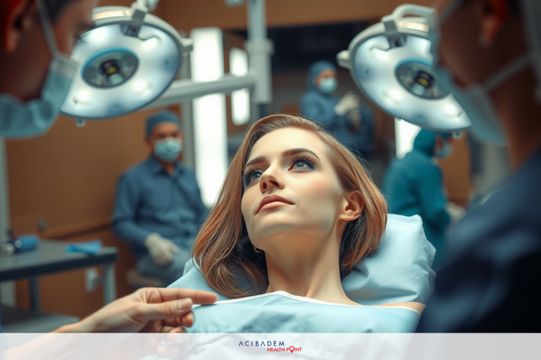 The image depicts a medical setting with a woman lying on an operating table. Medical professionals in surgical gear are standing around her, preparing for surgery.