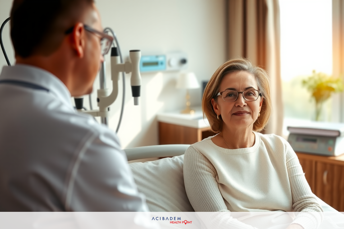 The image shows an indoor medical setting where a doctor is seated at the edge of a bed, facing a patient who is lying on it. The doctor appears to be in conversation with the patient.