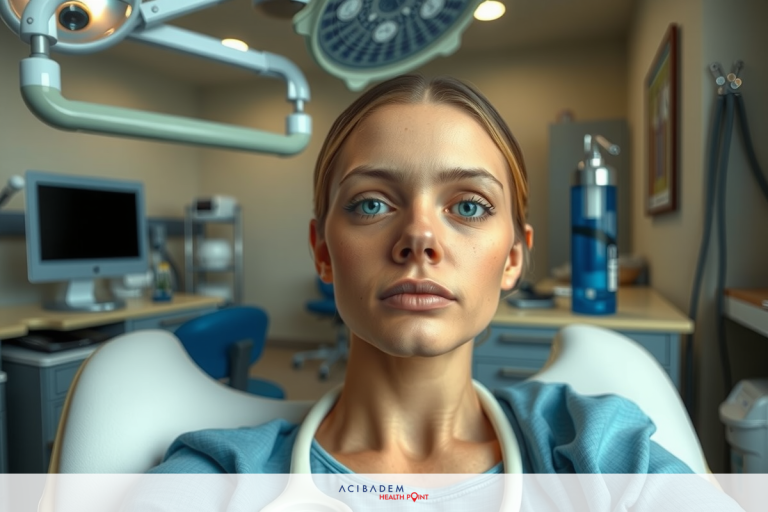 In the image, a woman is seated in what appears to be a dental or medical office. She is wearing a surgical mask and has her eyes closed, which might indicate that she is receiving treatment or waiting for a procedure.