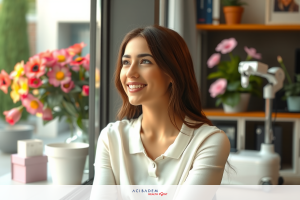 Smiling woman in an home environment looking out of a window. The room is decorated with potted plants and flowers, creating a warm atmosphere.