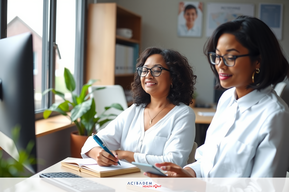 Two women dressed in white, likely in a professional office setting. One woman is seated and smiling while the other sitting beside her; they both have glasses on their faces.