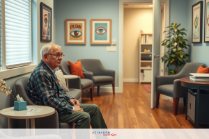 The image shows an older man seated in an office, looking off to the side with a thoughtful expression. He is dressed casually in a plaid shirt and glasses. The room around him appears to be a waiting area or reception space, furnished with a sofa and other seating options, along with decorative artwork on the wall.