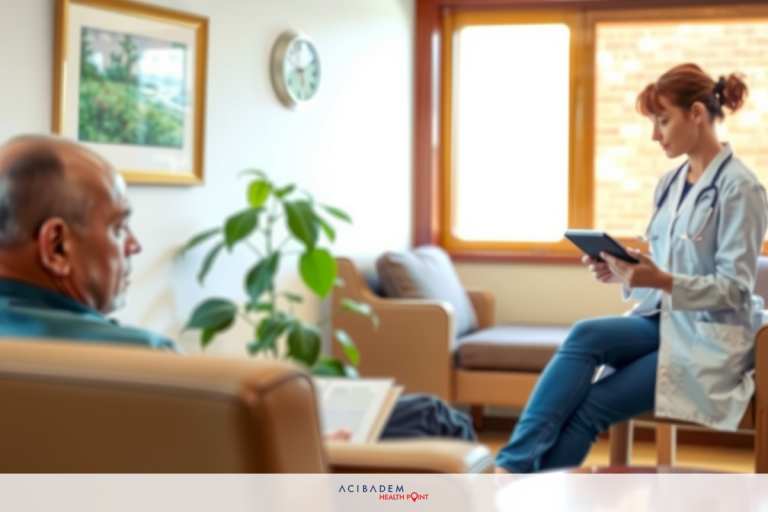 Can You Eat Before Laser Eye Surgery? A woman in a medical coat is sitting down and attentively looking at a man seated across from her with a tablet device. They are in a living room-like setting, possibly waiting or discussing health matters.