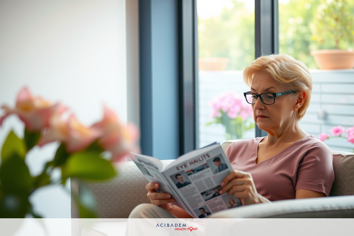 An elderly woman is seated comfortably on a couch, engaged in reading a magazine. She wears glasses and has a thoughtful expression as she peruses the content of the publication.