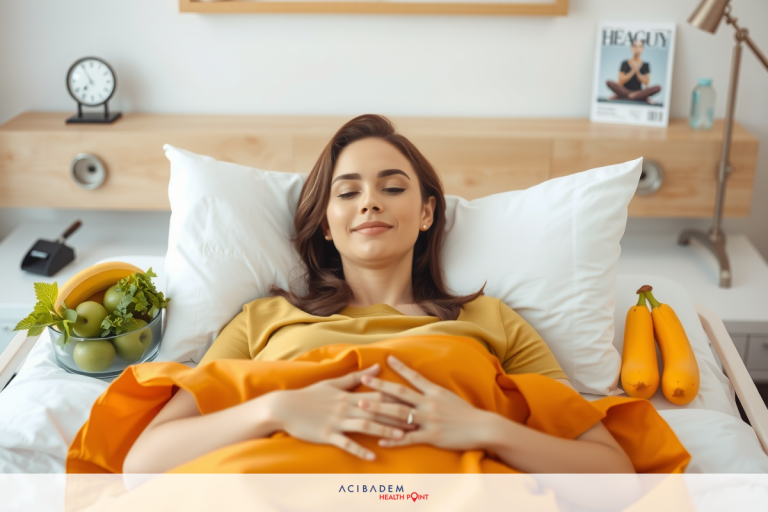 Woman lying in hospital bed with fresh fruits and a book next to her, suggesting a focus on healthy living and reading during convalescence.