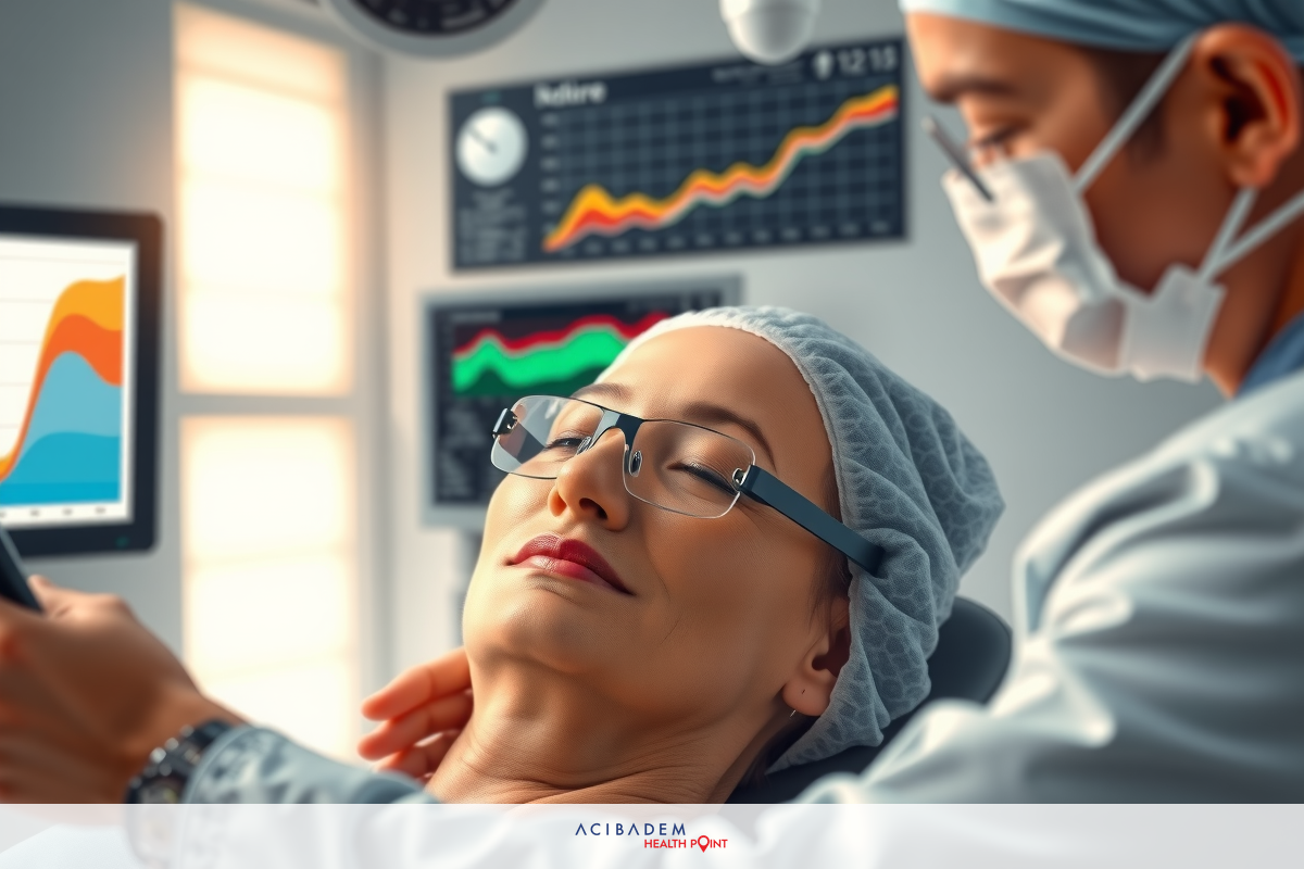 A medical professional is assisting a patient lying down in an examination room. The doctor and the patient are surrounded by medical equipment, including monitors displaying graphs and charts.