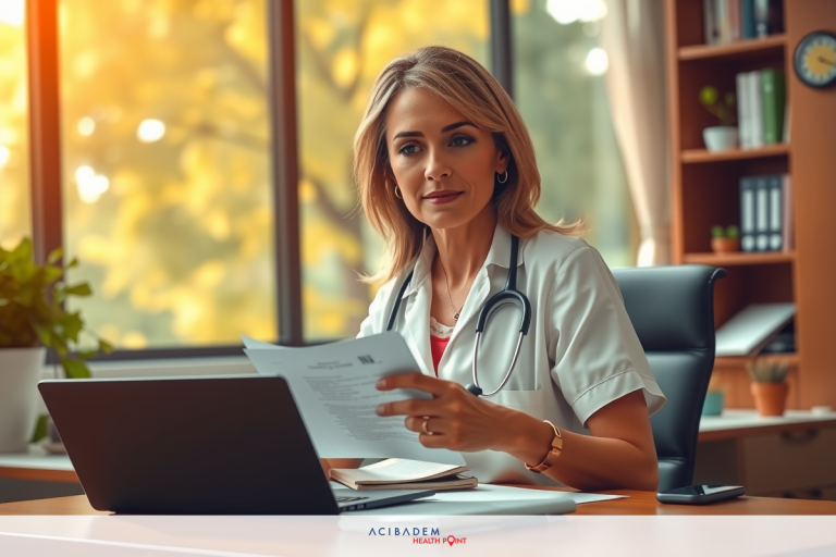 A professional woman doctor in a well-lit office, wearing white medical attire and looking at documents on a laptop. The room has natural light from outside.